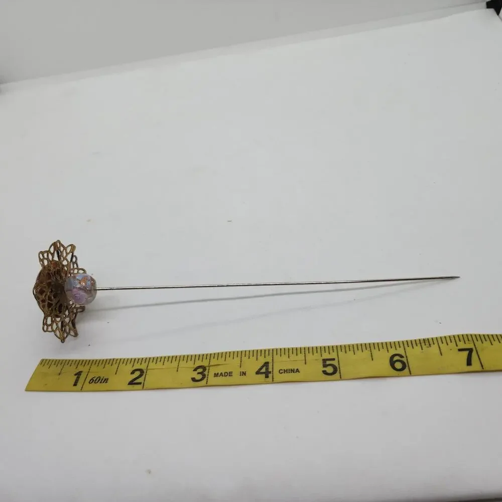 Vintage Lucite Hat Pin Brown Cabochon Filigree Art Glass Bead Long Estate Ornate